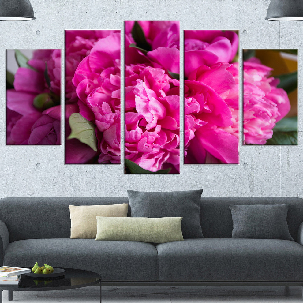 Pink Peonies on Wooden Background, Flower Artwork on Canvas, 60"x32", 5 Panels