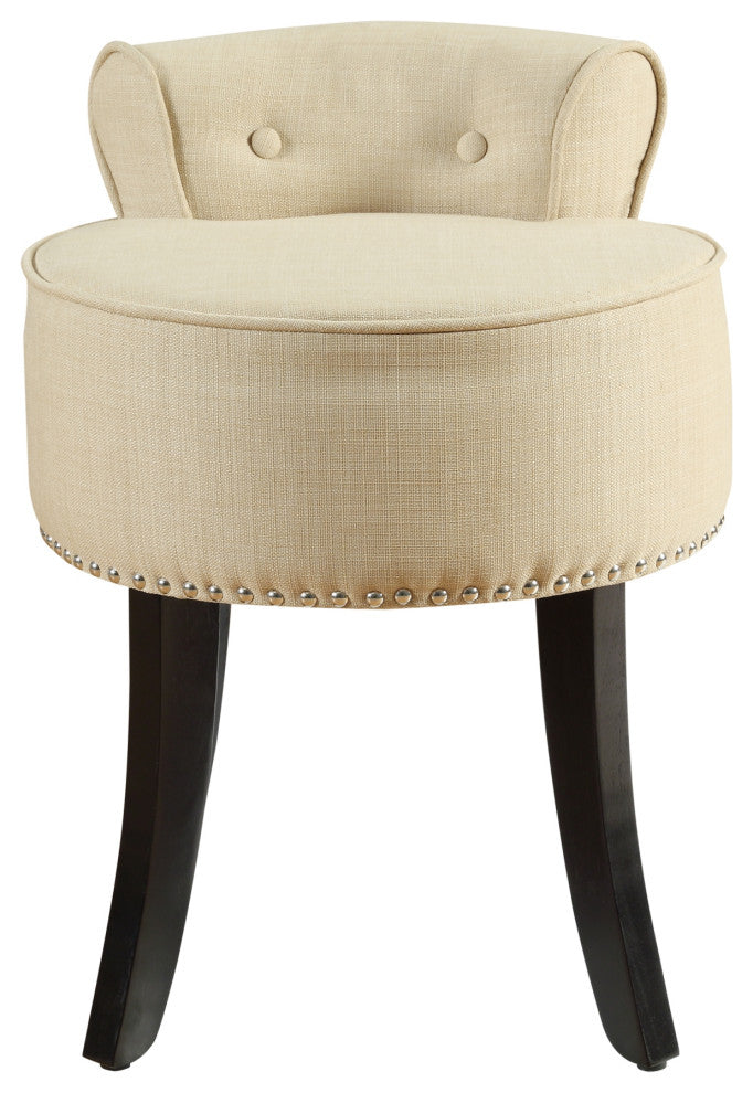 Ludovic Linen Contemporary Nailhead Trim Rolled Back Vanity Stool, Beige