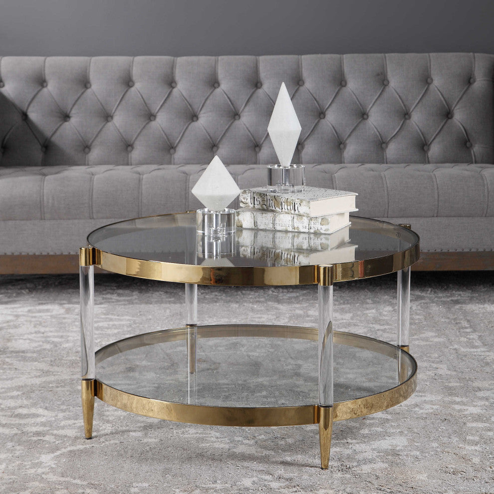 Glam Modern Clear Rods Coffee Table Round Acrylic Gold Glass Mid Century Ring