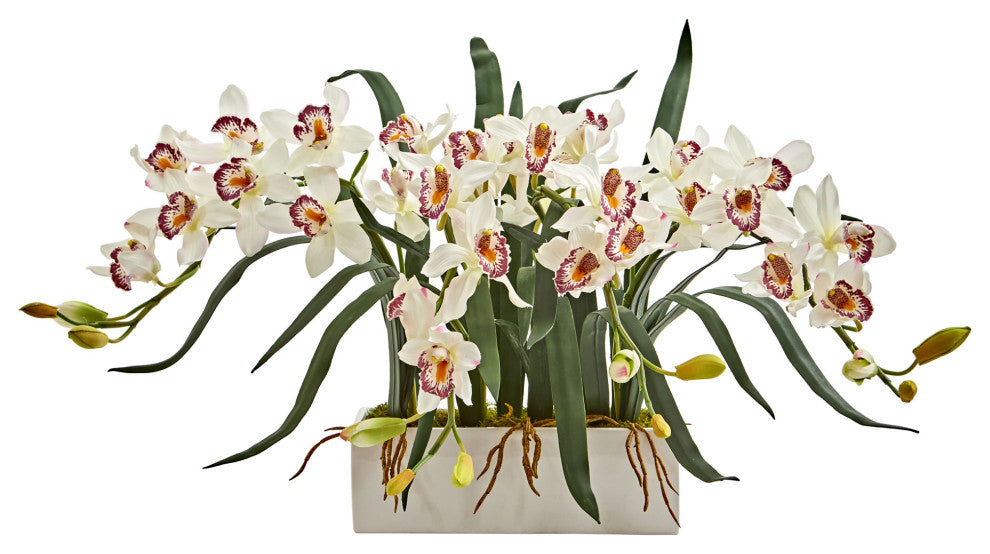 Nearly Natural Cymbidium Artificial Arrangement in White Vase