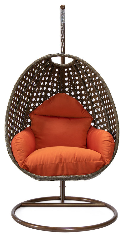 LeisureMod Beige Wicker Hanging Egg Swing Chair With Stand and Cushion, Orange