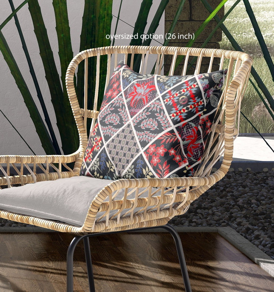 26 Black Red Patch Indoor Outdoor Throw Pillow