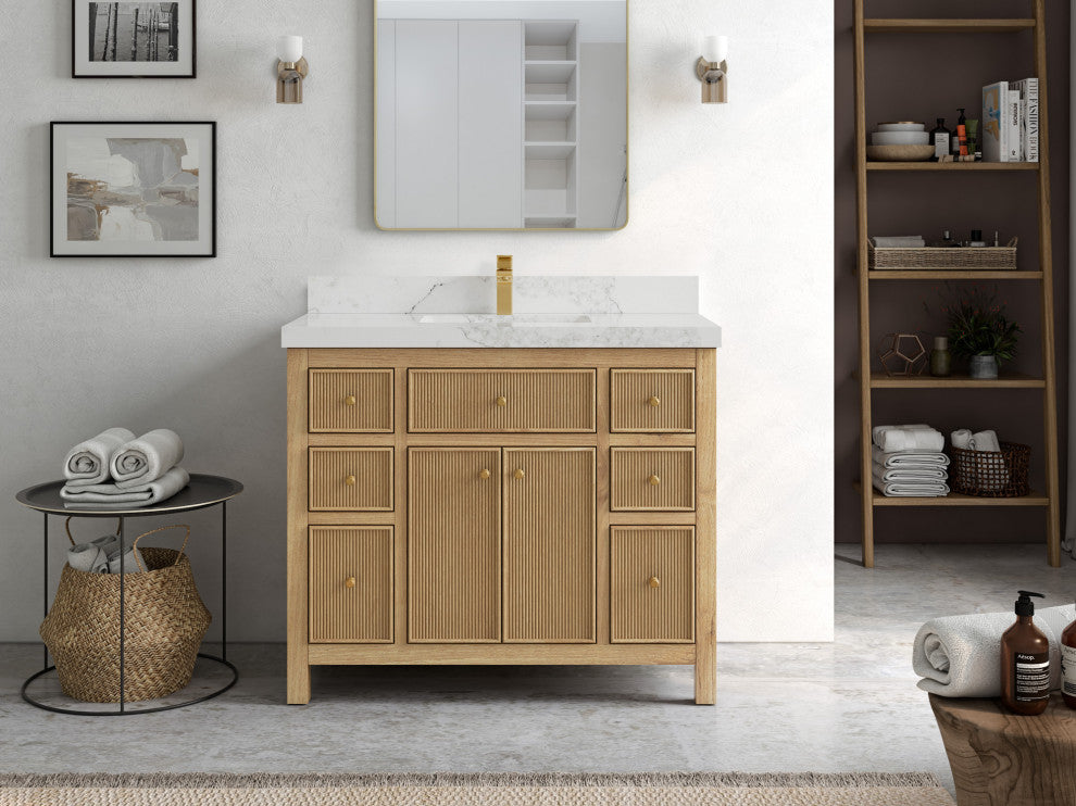 Sonoma 42 Single Sink Bath Vanity in Light Natural Teak with 2" Calacatta Nuvo