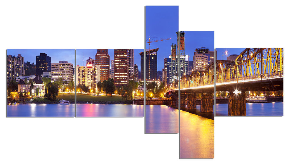Skyline across the Willamette River, Cityscape Canvas Print, 60"x32", 5 panels