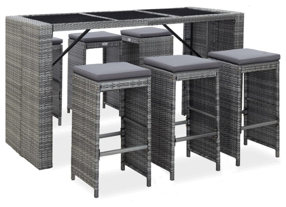 vidaXL 7-Piece Garden Bar Set With Cushions Poly Rattan Gray