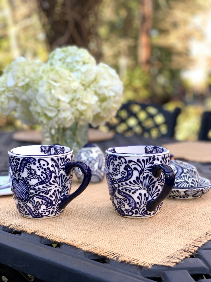Handmade Mugs, Blue Flowers Pattern, Set of 2