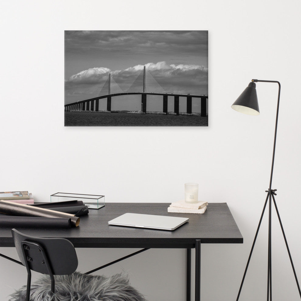 Skyway Bridge Black & White Landscape Photo Canvas Wall Art Print, 24" X 36"