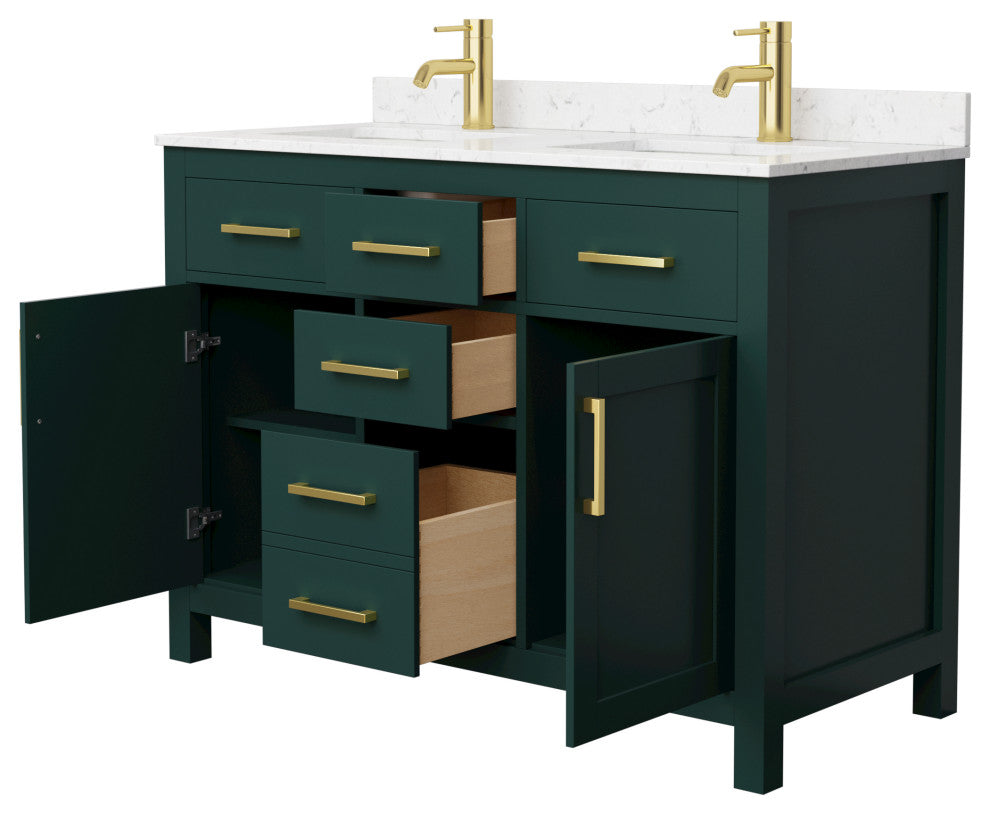 48"DBL Bathroom Vanity Green, Carrara Cult. Marble Countertop, Sinks, Gold Trim