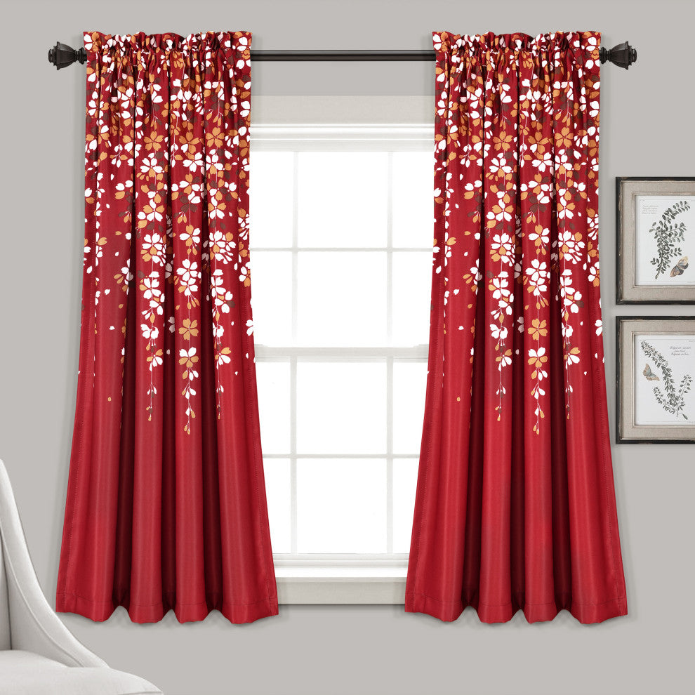 Weeping Flowers Room Darkening Window Panel, Set of 2, Red