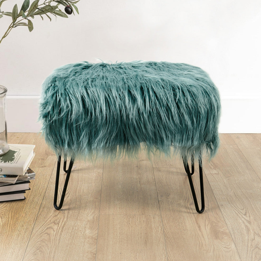 Mongolian Fur Ottoman, Oil Blue, 19''x13''x17''
