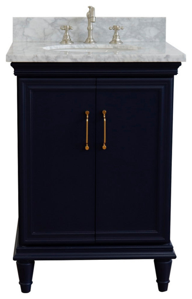 25" Single Vanity, Blue Finish With White Carrara And Oval Sink