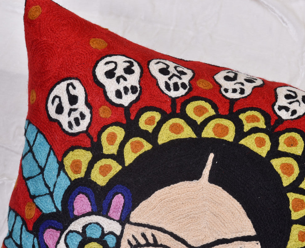 Frida Kahlo Inspired Pillow Cover Red Tiara Hand Embroidered Wool 18x18