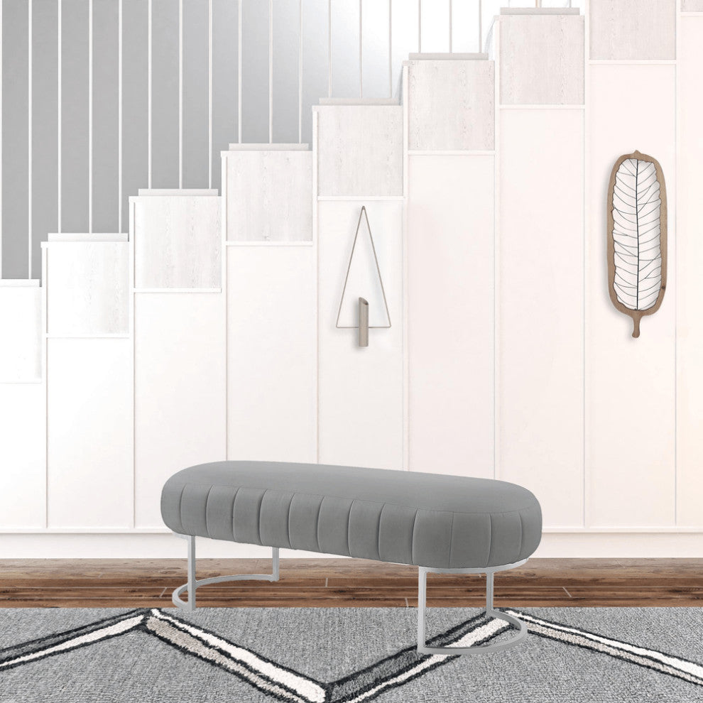 53" Gray and Silver Upholstered Faux Leather Bench