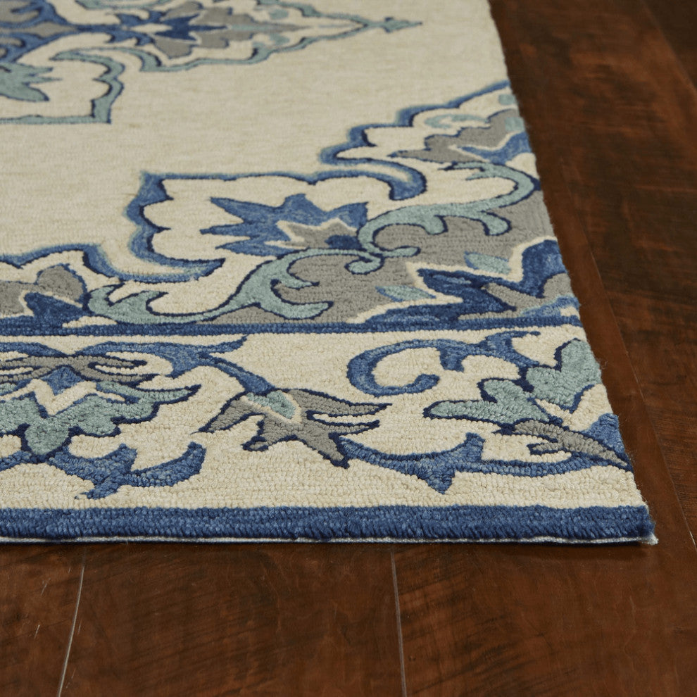 5' X 7' Ivory Or Blue Vines Bordered Uv Treated Indoor Outdoor Area Rug