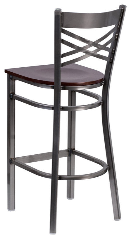 Clear Coated "X" Back Metal Restaurant Barstool, Walnut Wood Seat