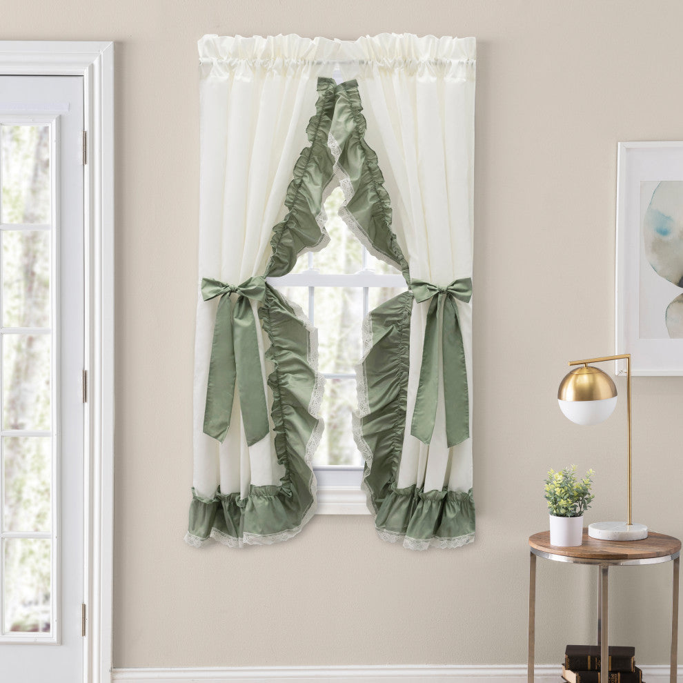 Madelyn Ruffled Victorian Priscilla Pair with Tiebacks, Sage, 100"x72"