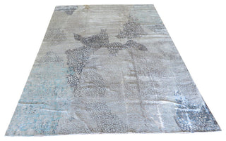 Hand Knotted Blue Gray Modern Abstract Oriental Rug With Silk