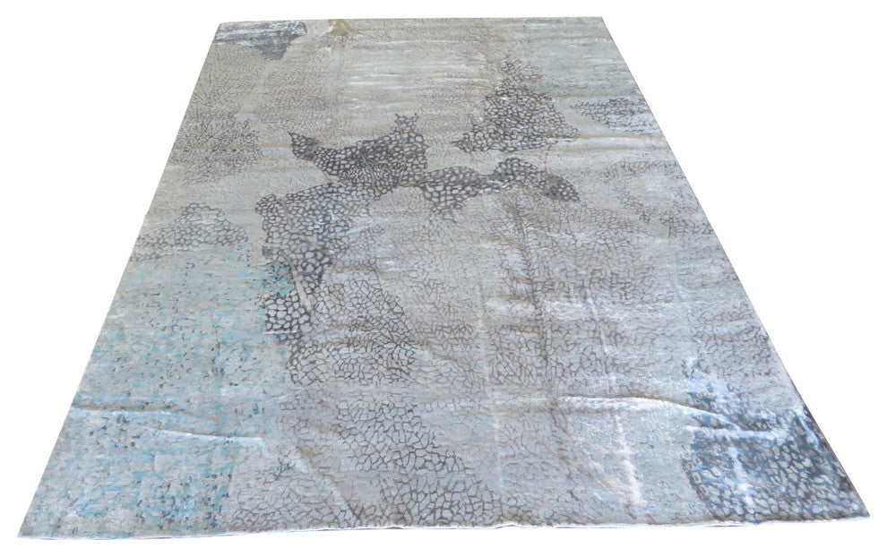 Hand Knotted Blue Gray Modern Abstract Oriental Rug With Silk