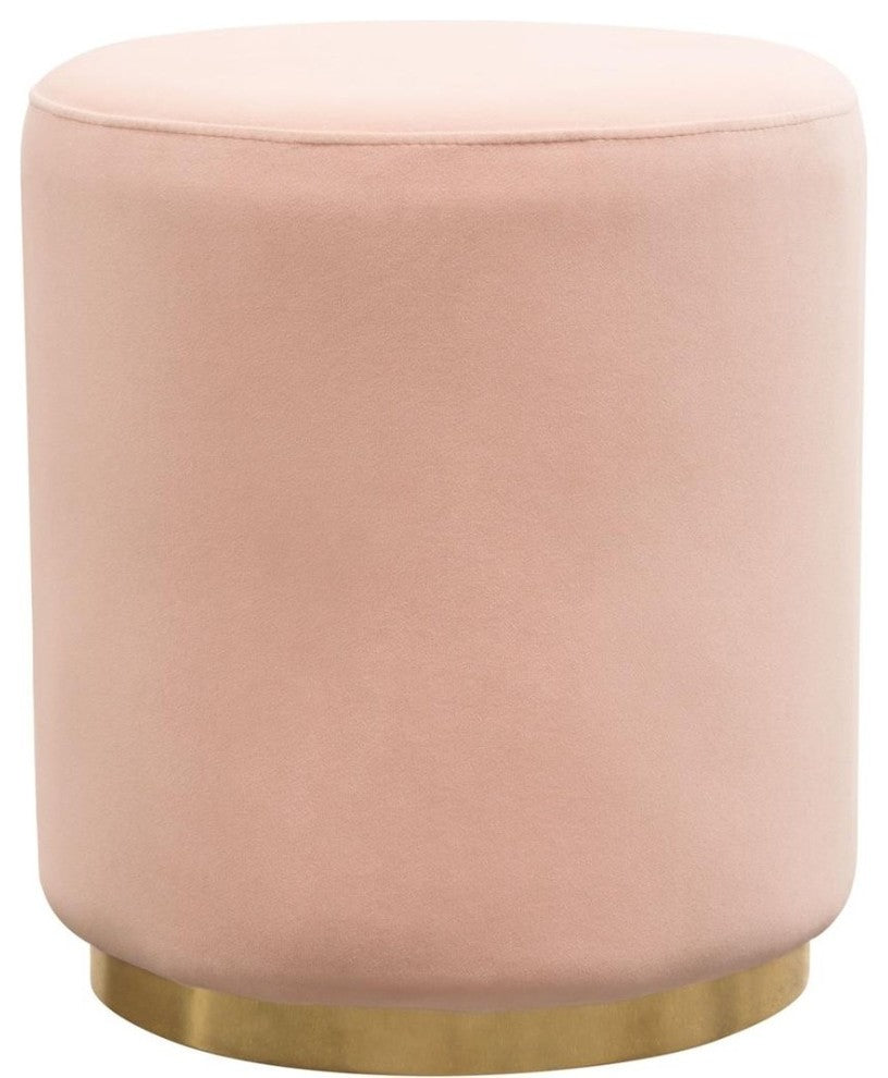 Velvet Upholstered Round Accent Ottoman with Metal Base, Pink and Gold