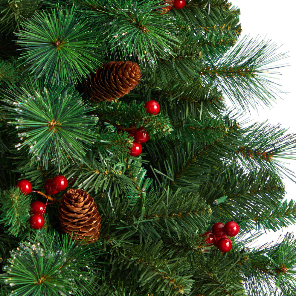 7' Flat Back Montreal Mountain Pine Faux Xmas Tree W/ Pinecones, Berries, Lights