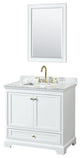 36" Single Bath Vanity, White, Carrara Countertop, Sink, Gold Trim, 24" Mirror
