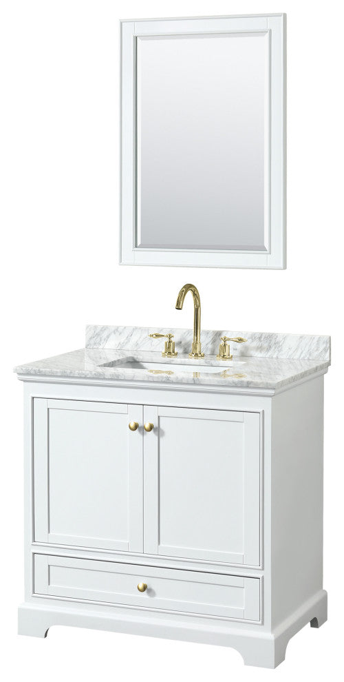 36" Single Bath Vanity, White, Carrara Countertop, Sink, Gold Trim, 24" Mirror