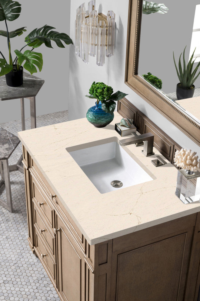 Bristol 36" Single Vanity Whitewashed Walnut, Eternal Marfil Quartz