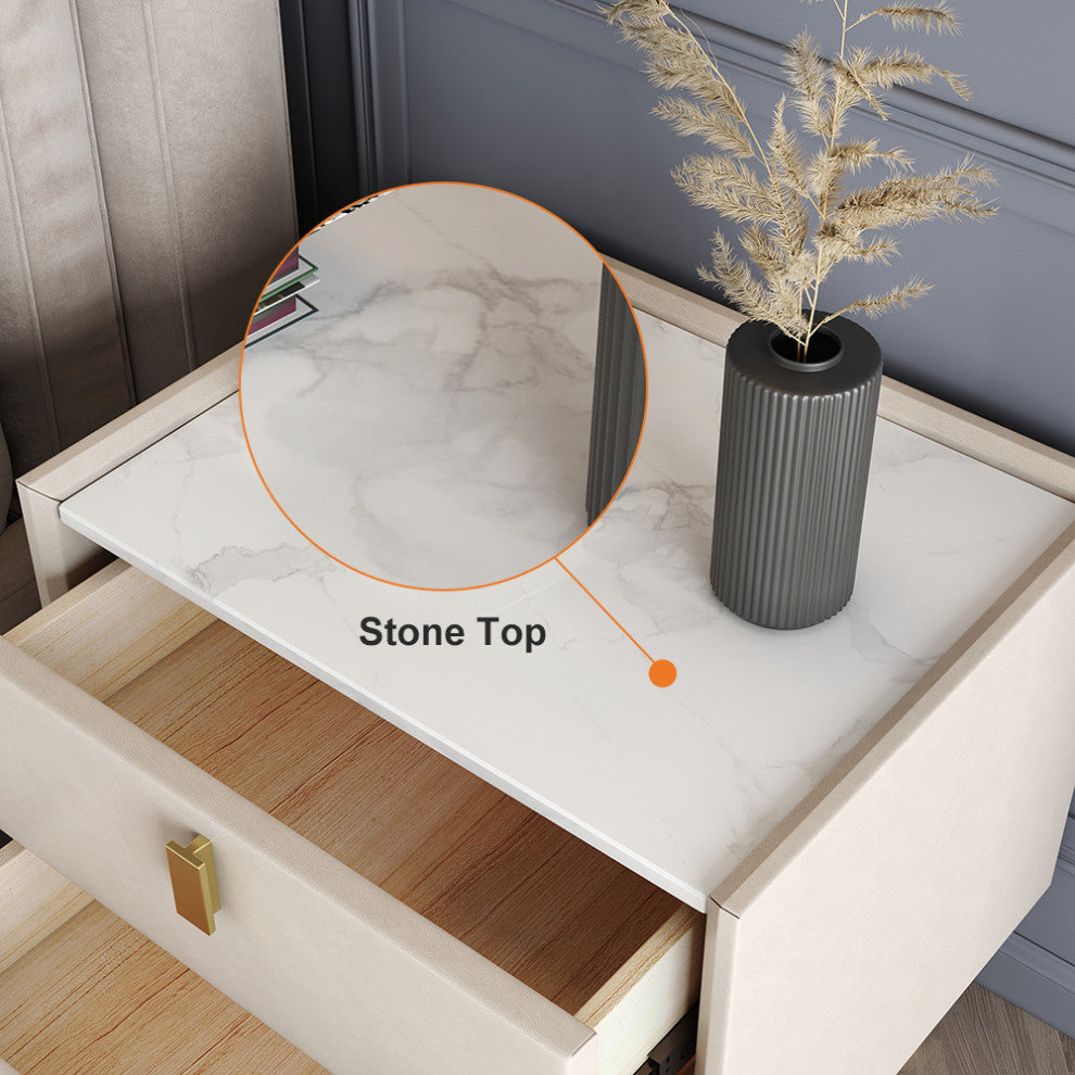 2 Drawers Nightstand PU Leather Bedside Table Nightstand with Gold Metal Legs