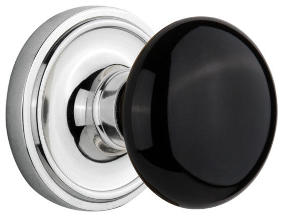 Classic Rosette Passage Black Porcelain Knob, Bright Chrome