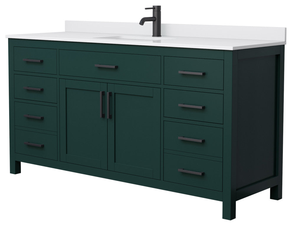 66"SGL Bathroom Vanity, Green, White Cult. Marble Countertop, Sink, Black Trim