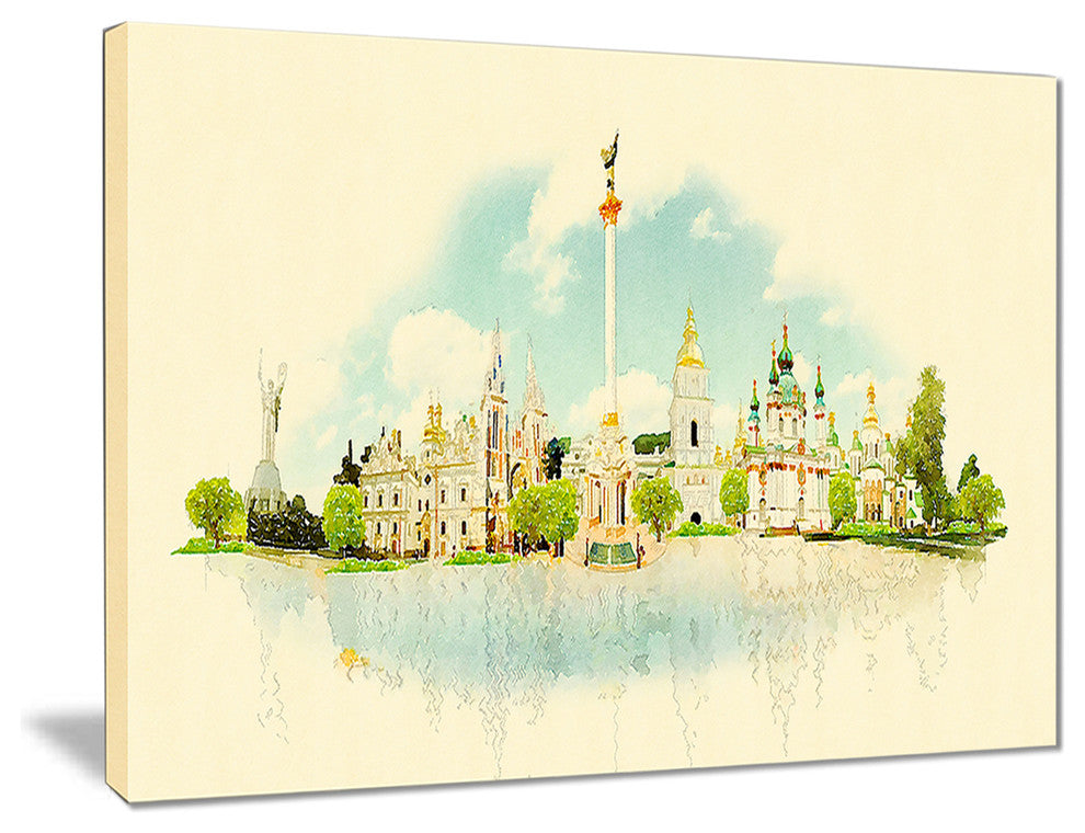 "Kiev Panoramic View" Cityscape Watercolor Canvas Print, 20"x12"