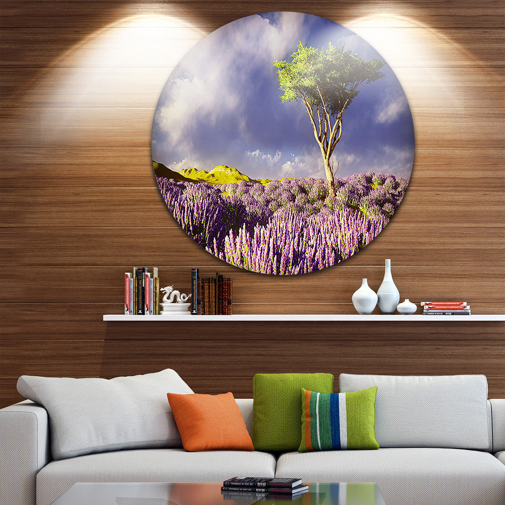 Green Tree In Lavender Field, Modern Landscape Disc Metal Artwork, 23"