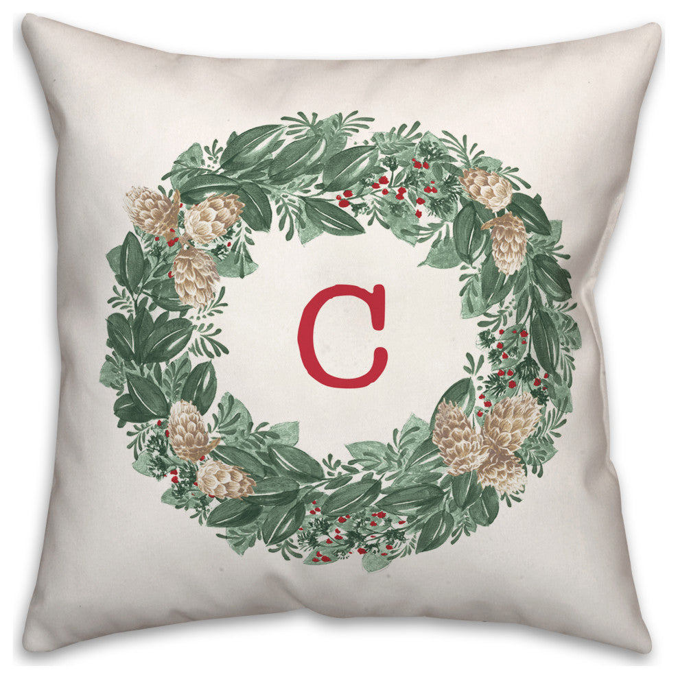 Christmas Wreath Monogram C 18x18 Spun Poly Pillow
