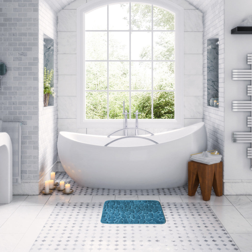 Bathroom Rug Memory Foam Mat 3D Pebble , Peacock Blue, 32" X 20"