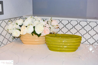 Glazed Lime Green Contemporary Long Oval Pot With Wave Design