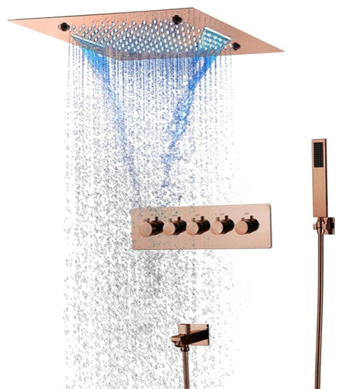 LED Musical Shower System, Hand Shower, Rose Gold B - Remote Control Light