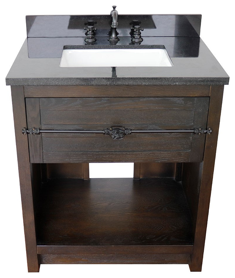 30" Single Vanity, Brown Ash, Black Galaxy Top, Rectangle Sink