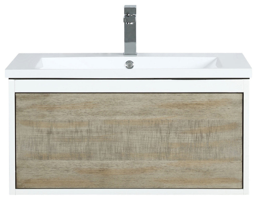 Scopi 30 Rustic Acacia Vanity, Acrylic Top With Sink, Gun Metal Faucet Set