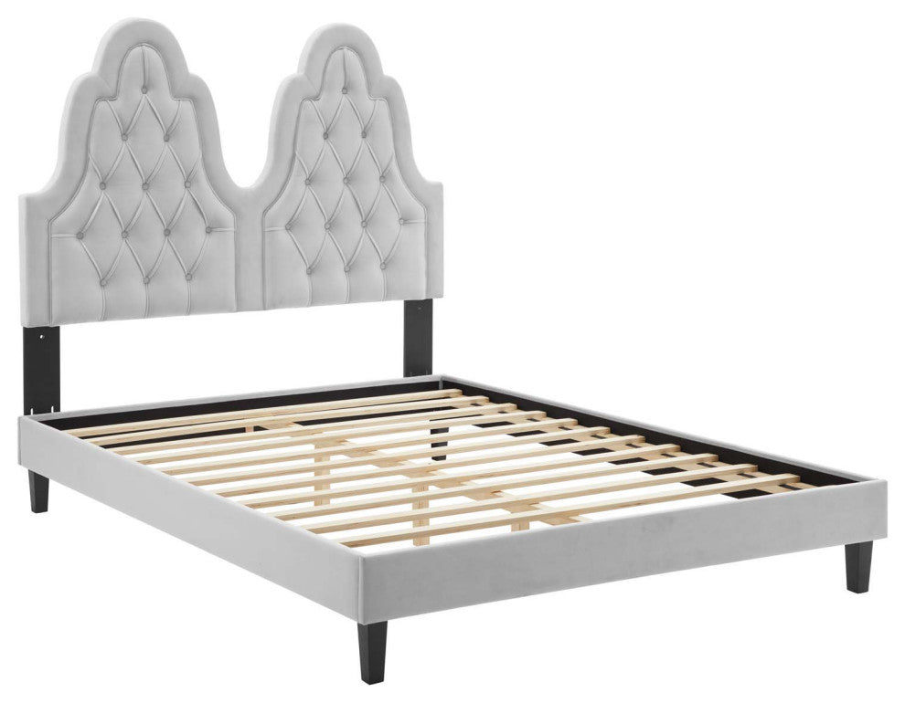 Alexandria Tufted Performance Velvet Twin Platform Bed, Light Gray