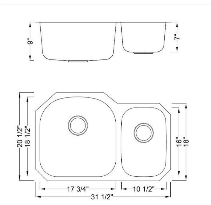 32" Stainless Steel Undermount Double D-Bowl Offset Kitchen Sink, Left