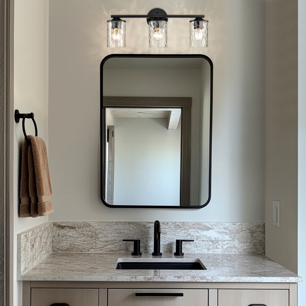 3-Light 21 in. Matte Black Vanity Light With Hammered Clear Glass Shades