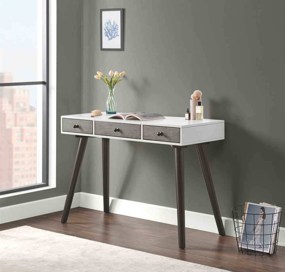 Mid-Century Modern 2-Drawer Bedroom Vanity or Desk, White, Gray, and Black