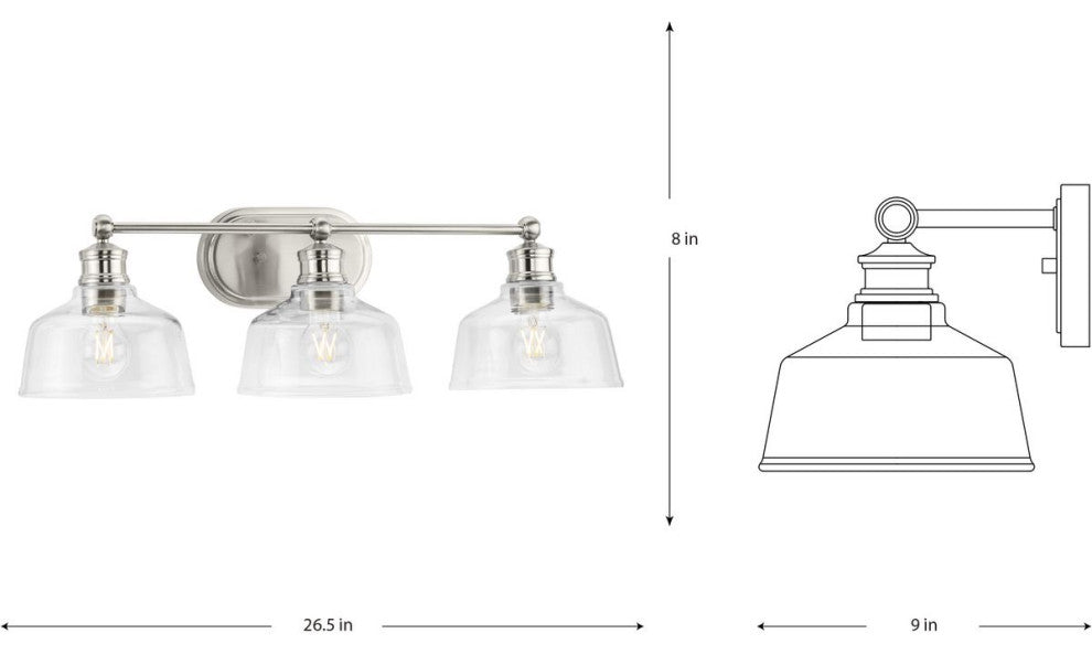 Singleton 3-Light 26.5" Brushed Nickel Vanity Light With Clear Glass Shades