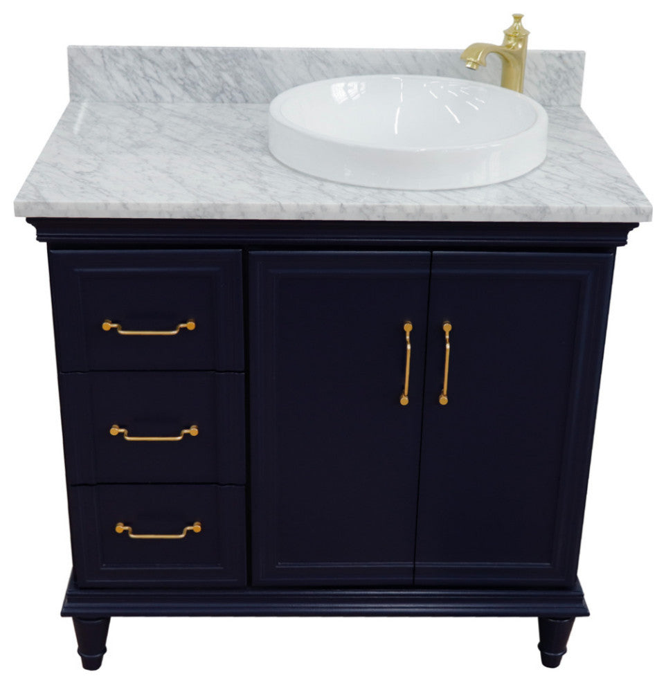 37" Single Vanity, Blue Finish With White Carrara