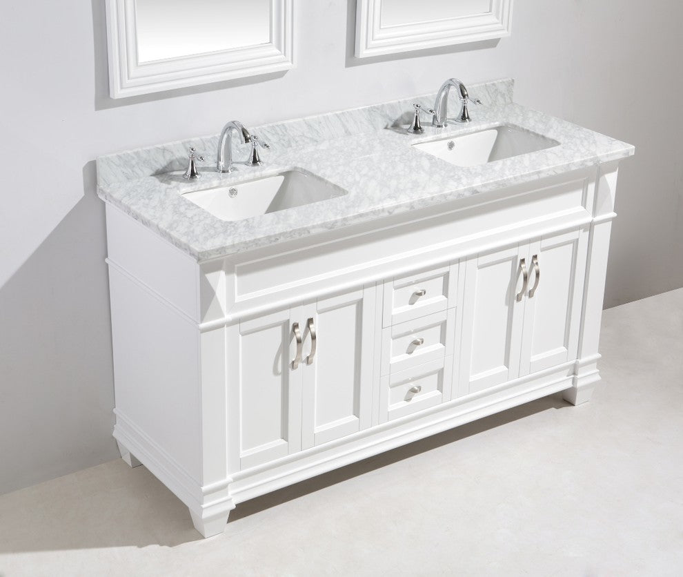 Hudson 72" Double Sink Vanity Set, White With White Carrara Marble Countertop