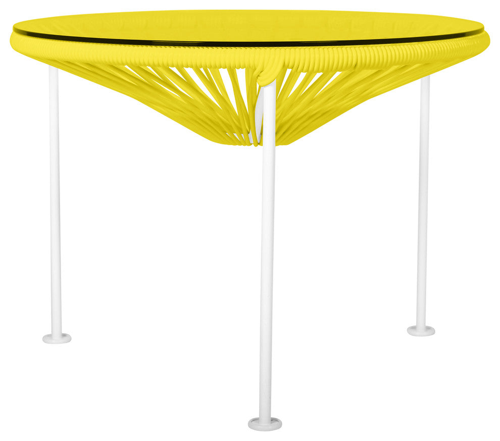 Zicatela Indoor/Outdoor Handmade Side Table, Yellow Weave, White Frame