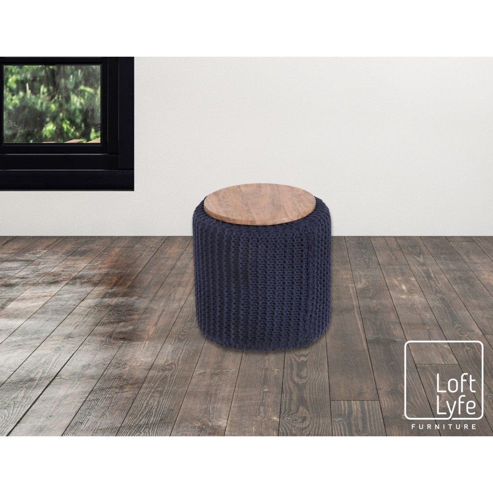 Loft Lyfe Marbella Ottoman, Hand Knitted, Wooden Tray, Cotton Yarn, Navy