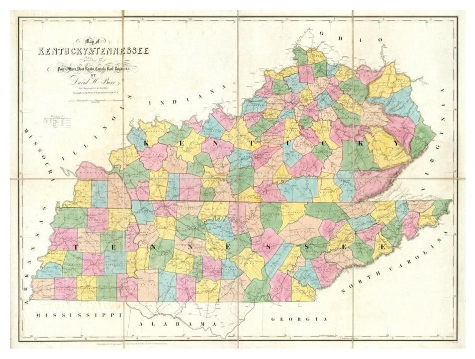 "Map of Kentucky & Tennessee, 1839" Paper Print by David H. Burr, 24"x18"