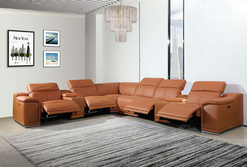 Federico 8-Piece L-Shaped Top Grain Italian Leather Sectional-4 Power Recliners, Camel