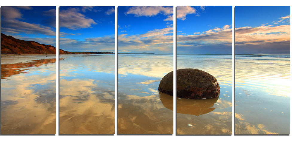 "Sunrise at Moeraki Boulders" Seashore Canvas Photo Print, 5 Panels, 60"x28"